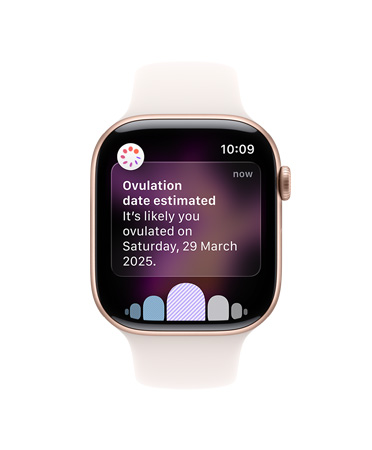 Apple Watch Series 11, aluminium case, rose gold colour, ovulation date estimated notification, right side exterior: Digital Crown, light blush Sport Band