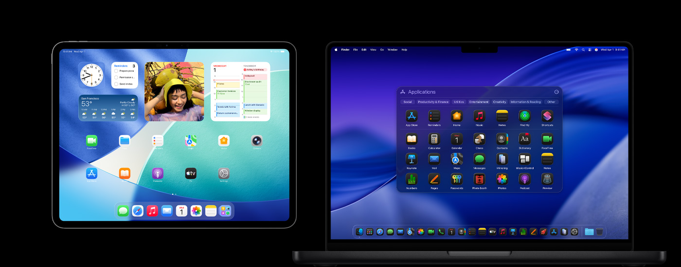 Um iPad e um Mac exibem diversos ícones de app. O iPad exibe diversos widgets, incluindo Calendário, Tempo e Fotos. Ao fundo do Mac está o macOS Tahoe