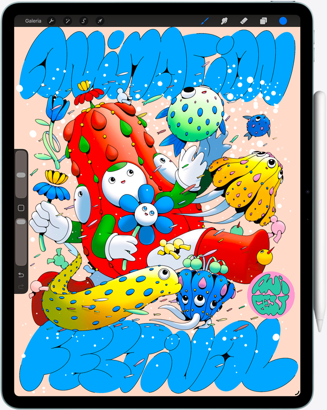 Parte da frente do iPad Air mostrando o app Procreate, uma arte digital colorida com vários personagens e objetos, Apple Pencil Pro