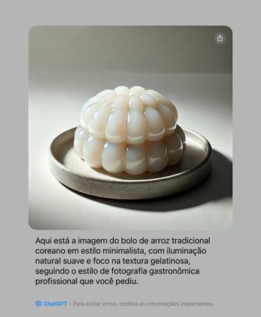 Parte da frente do iPad Pro preto-espacial na vertical, com bordas arredondadas, tela mostrando uma representação experimental de um bolo de arroz tradicional coreano com uma explicação das características da foto gerada pela Apple Intelligence com a integração do ChatGPT
