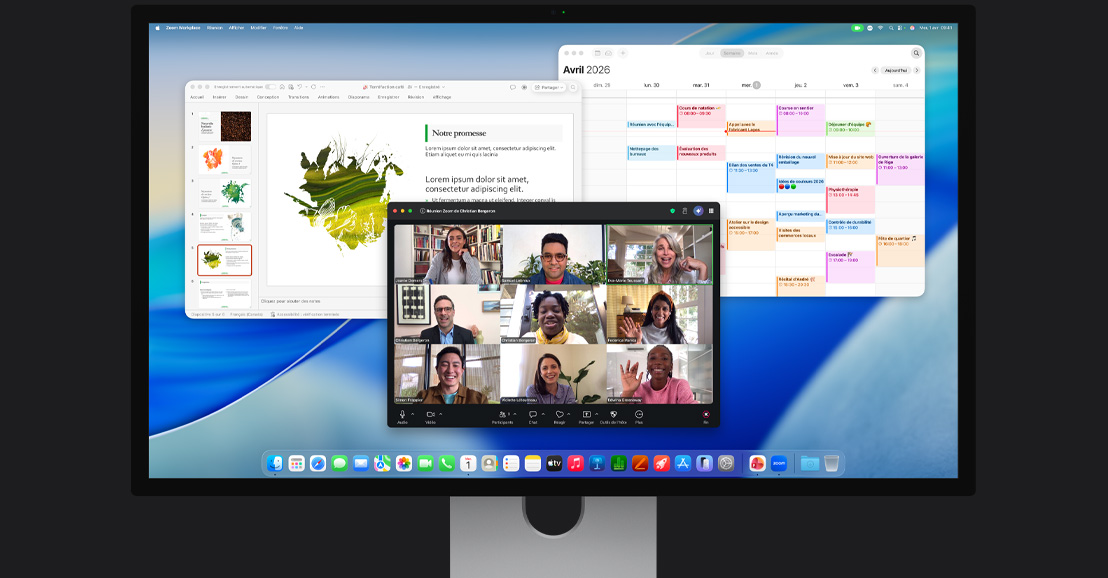 iMac affichant un appel vidéo Zoom avec plusieurs personnes, un calendrier et une présentation ouverte en arrière-plan