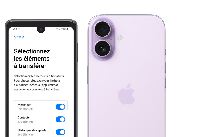 Côte à côte, écran d’un appareil Android montrant l’app Migrer vers iOS, iPhone 17, face arrière, système avancé à deux caméras dans le coin supérieur gauche