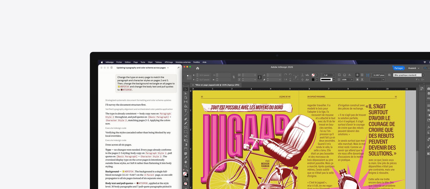 Adobe InDesign 2026, requête générative utilisée dans une deuxième fenêtre pour concevoir une affiche