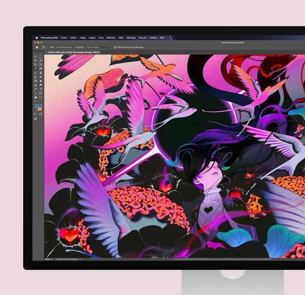 Studio Display, logiciel de retouche Adobe Photoshop, œuvre d’art abstraite à l’écran