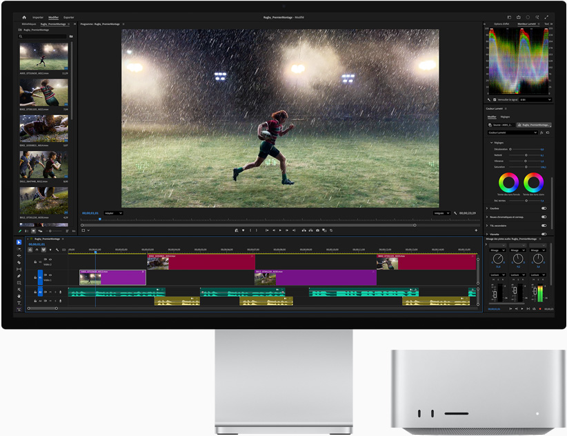 Studio Display XDR, écran affichant Adobe Premiere et l’image d’une personne courant sous la pluie sur un terrain de sport, Mac Studio, vue avant