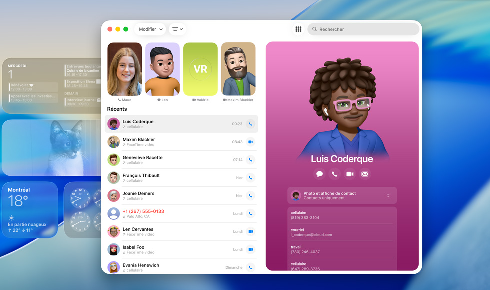 Écran verrouillé montrant l’app FaceTime ouverte, liste des appels récents à côté d’une fiche de contact affichant un Genmoji et le nom de la personne qu’il représente