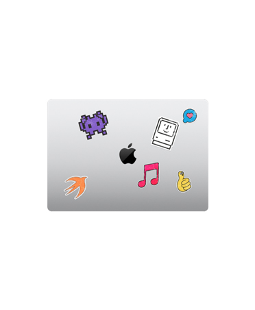 MacBook Air, parte superior, cerrado, color plata, con stickers de varios colores alrededor del logo de Apple