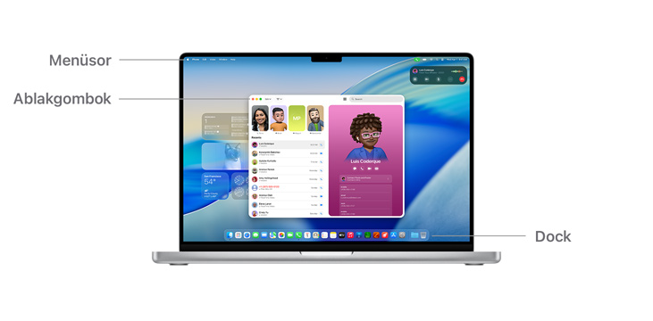Prohlídka navigace macOS jako je Řádek nabídek a Ovládání oken na obrazovce čtrnáctipalcového MacBooku Pro.