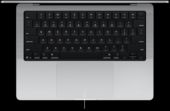 Pohled shora na otevřený 14palcový MacBook Pro ukazuje Force Touch trackpad umístěný pod klávesnicí