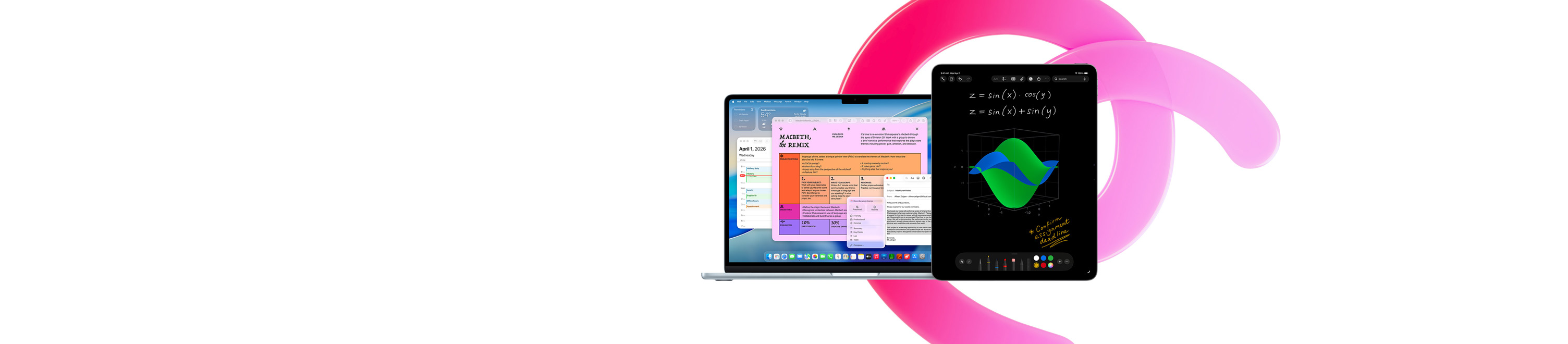 Ein MacBook Air zeigt Pages, Kalender, einen Hinweis und Mail neben einem iPad mit handschriftlichen Gleichungen in Mathematische Notizen, um Produktivität mit integrierten Apps zu demonstrieren