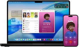 MacBook Pro ja iPhone 16 Plus, rakendus Phone on avatud, sama kontakti kuvatakse mõlemal ekraanil