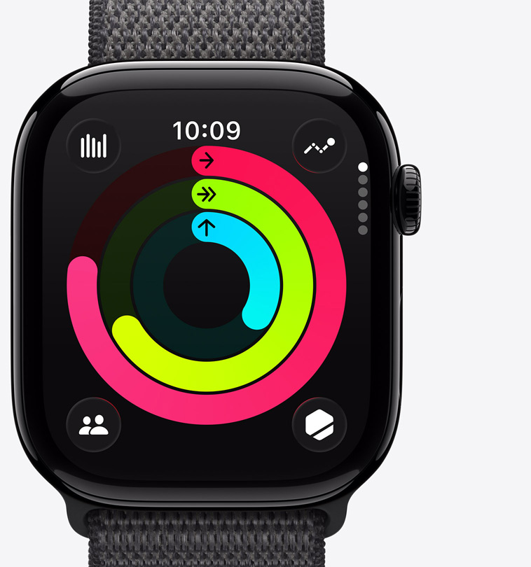 Apple Watch Series 11, caja de aluminio, color negro azabache pulido, anillos de Actividad: Movimiento, Ejercicio y De Pie, Digital Crown, correa Loop deportiva gris oscuro