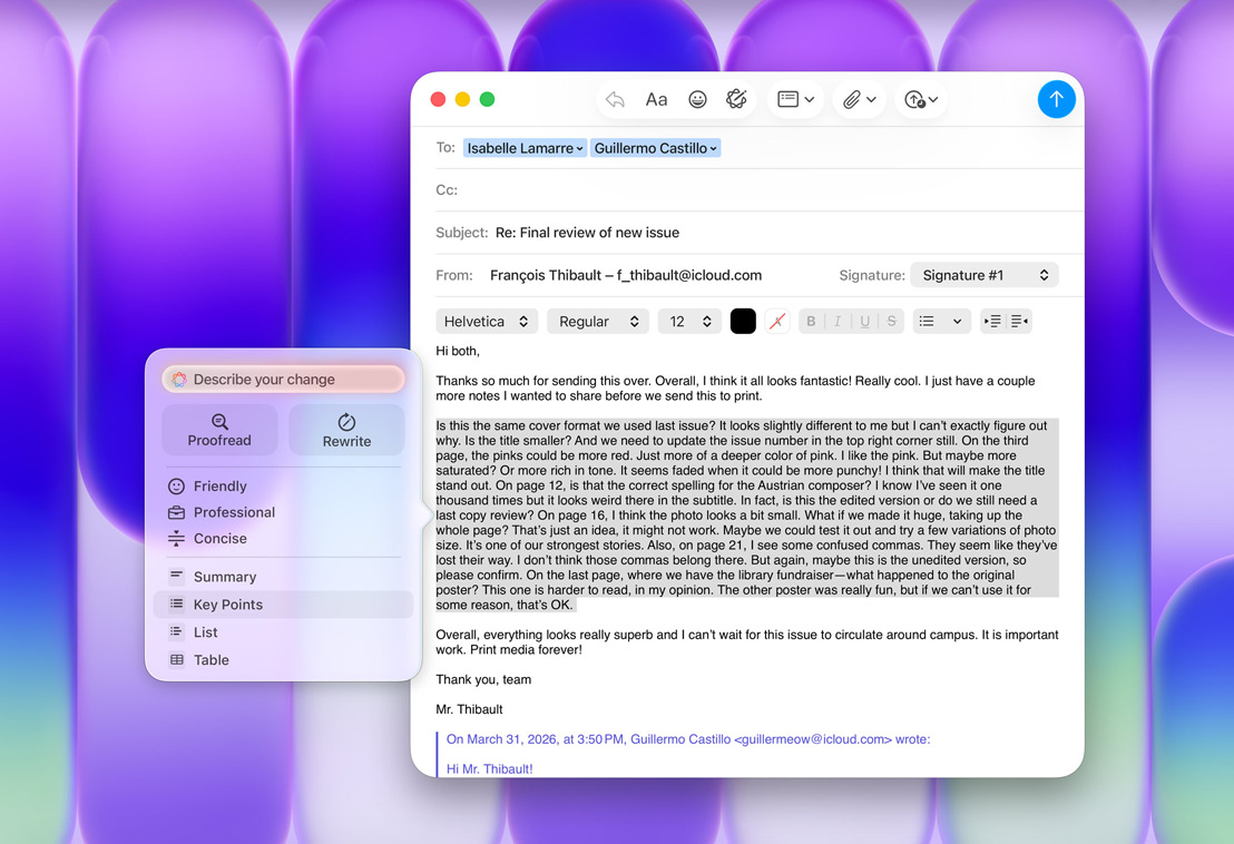 Mail-appen med Apple Intelligence-panelet Skriveverktøy, med Hovedpunkter-valget markert