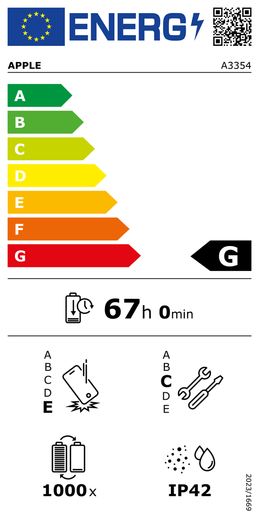 EUs energimerking, QR-kode og informasjon, Apple-modell A3354, klasse G, energieffektivitetsklasser (på en skala fra A til G), fra A (mest effektiv) til G (minst effektiv), batteritid per syklus, 67 timer og 0 minutter per fullading, holdbarhetsklasse E ved gjentatt fritt fall, fra A (mest holdbar) til E (minst holdbar), reparerbarhetsklasse C, fra A (mest reparerbar) til E (minst reparerbar), 1000 batterisykluser, støv- og vannbestandig med en rangering på IP42, forordning 2023/1669