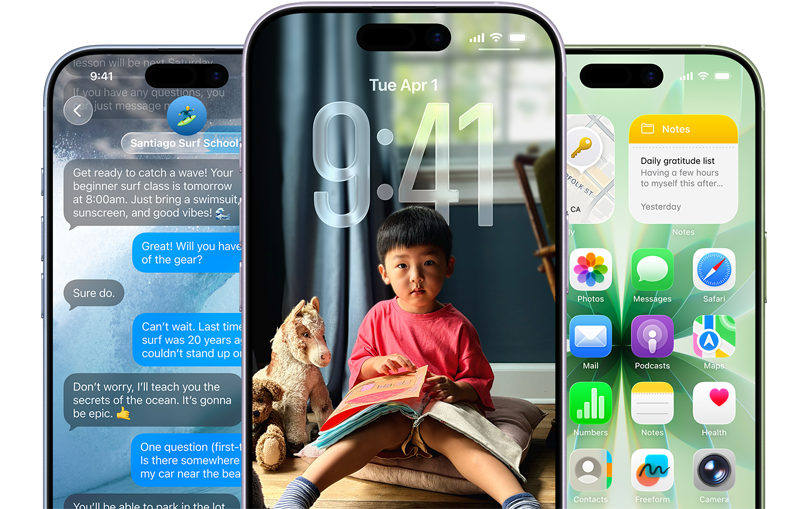 iPhone 17-enheter, fra forsiden, farger: duggblå, lavendel, salviegrønn, iOS-funksjoner – bakgrunn med meldinger, Liquid Glass viser låst skjerm og Hjem-skjermen med forskjellige apper