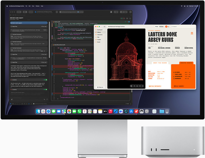 Skjermen på Studio Display XDR viser et dokument som behandles i Claude Agent i Xcode. Mac Studio vises også forfra.