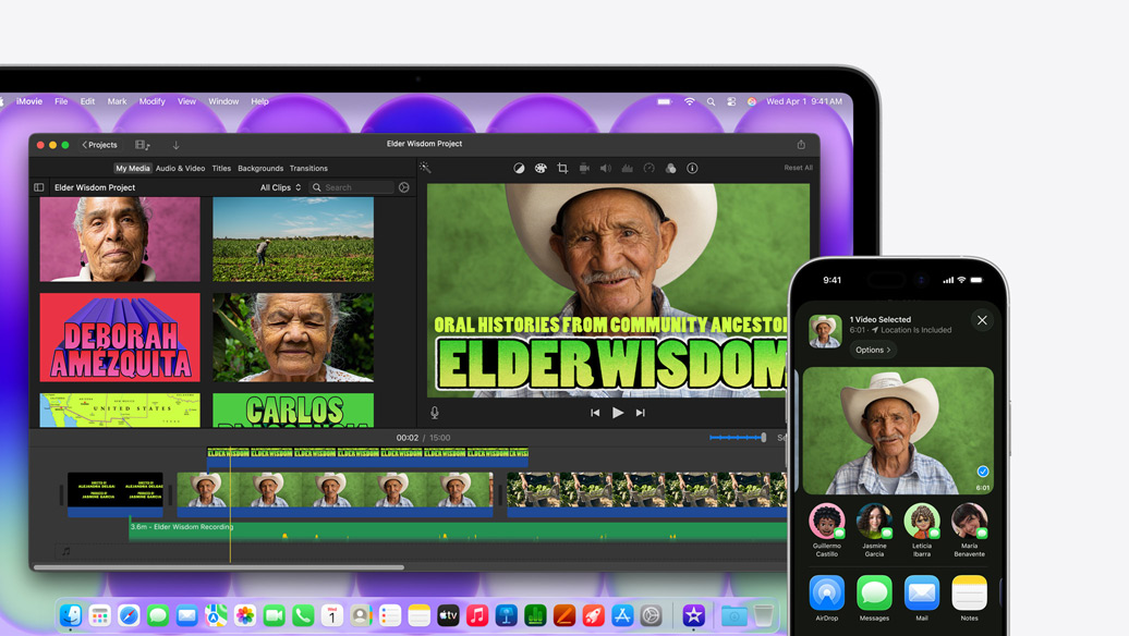 MacBook Neo na cor prateado a mostrar uma janela do iMovie intitulada Projeto Sabedoria dos Idosos. Ao lado, um iPhone que mostra um vídeo de uma das pessoas que aparece na janela do iMovie, por baixo do vídeo há uma lista de opções de partilha, incluindo o AirDrop