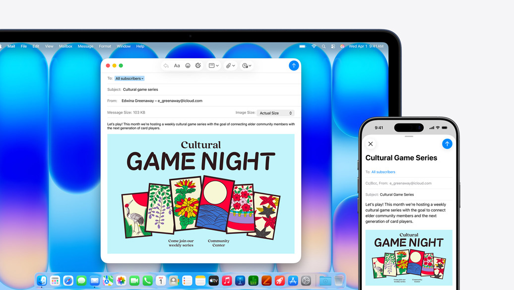 MacBook Neo na cor índigo, junto ao iPhone, ambos os ecrãs mostram o mesmo email a anunciar um evento num centro comunitário