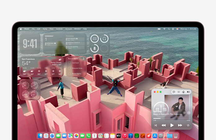 Ecrã do MacBook Neo com papel de parede personalizado com a imagem de um terraço junto ao mar e vários widgets como Música, Calendário, Meteorologia e Lembretes