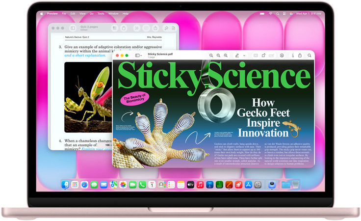 Ecrã do MacBook Neo na cor rosado a mostrar um artigo sobre biomimética e um teste sobre uma matéria semelhante