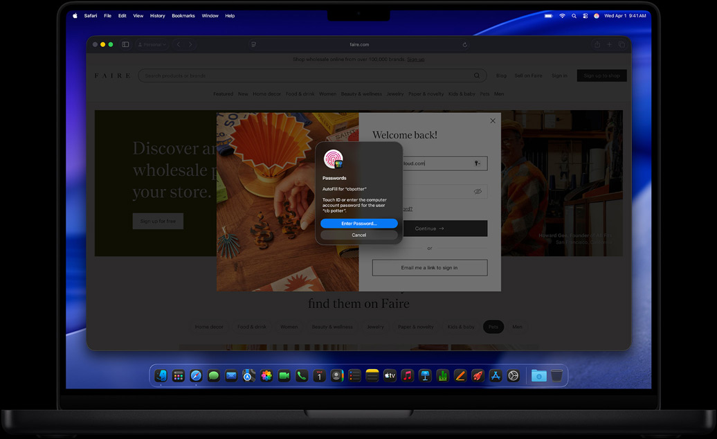 MacBook Pro, space black colour, Safari and the Passwords app prompting user to log in to a website using Touch ID