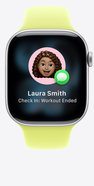 Apple Watch Series 11, Aluminiumgehäuse, Farbe Silber, Vorschlag für Wegbegleitung in iMessage, Sportarmband, Farbe Neongelb