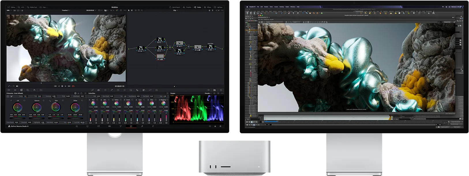 Studio Display, screen shows DaVinci Resolve Studio with abstract mulitcolor zoomed-in image, by it's side is a Studio Display XDR, screen shows Houdini and Maxon Redshift with same image