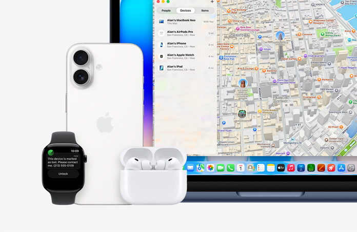 Prikaz Apple Watcha na čijem zaslonu se prikazuje tekst: „Ovaj uređaj označen je kao izgubljen. Molim, stupite u kontakt sa mnom.” Naveden je i telefonski broj. Pokraj sata nalaze se iPhone, slušalice AirPods Pro i MacBook Neo u indigo boji. Na zaslonu računala otvorena je aplikacija Pronalaženje s kartom i popisom uređaja te pripadajućim lokacijama