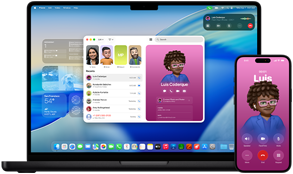 MacBook Pro i iPhone 16 Plus, otvorena aplikacija Telefon, isti kontakt prikazan na oba zaslona