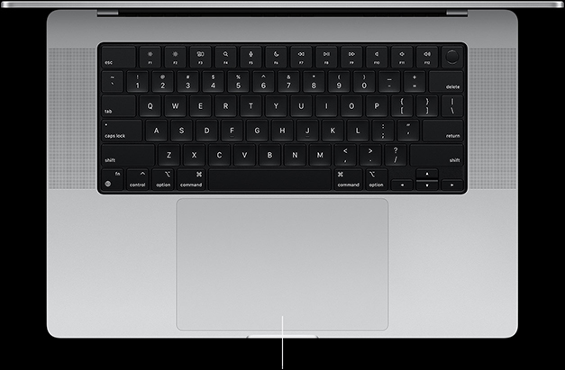 Pogled odozgo na otvoreni 16-inčni MacBook Pro u svrhu prikaza Force Touch trackpada, smještenog ispod tipkovnice