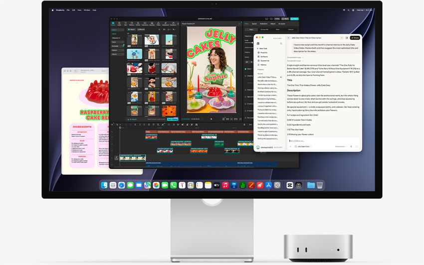 Mac mini elölnézetből egy Studio Display alatt, a kijelzőn a Perplexity Personal Computer, a CapCut és a Pages látható a macOS rendszeren.