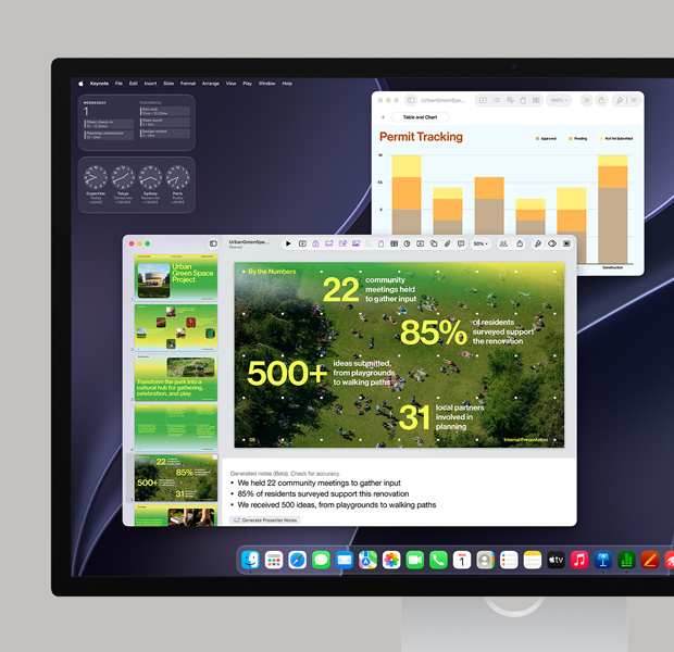 macOS-képernyő Keynote-prezentációval, adatdiagrammal, megnyitott Naptár alkalmazással és Dock-alkalmazásokkal