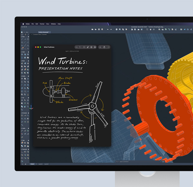 Studio Display, az Autodesk AutoCAD szoftver megnyitva, a képernyőn tudományos-technológiai munka, mellette a Jegyzetek app
