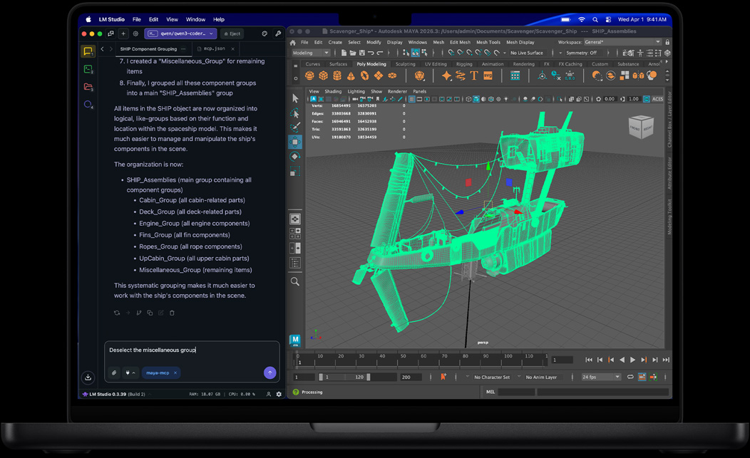 Az LM Studio és az Autodesk Maya egy MacBook Pro kijelzőjén