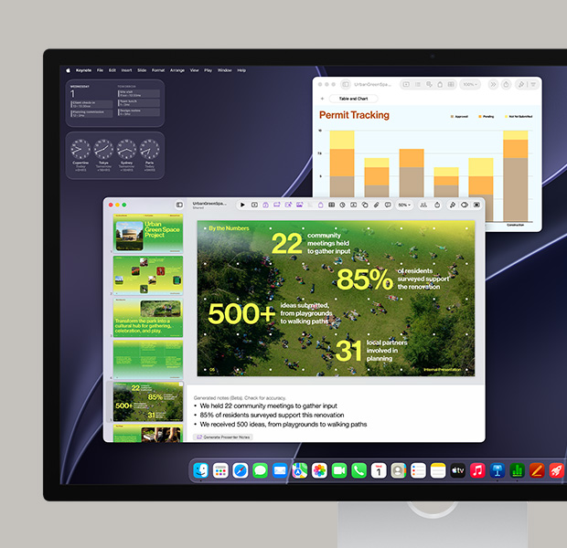 Layar macOS, menampilkan video rapat, feed video peserta, layar bersama dengan bagan data, aplikasi Kalender yang terbuka, dan aplikasi Dock