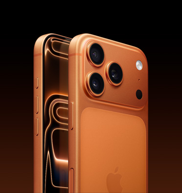 iPhone 17 Pro in cosmic orange finish showing partial-screen display and side angle shows — Action button, volume button and side button. Back exterior shows Pro Fusion camera system in top-left corner.