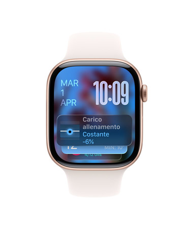 Apple Watch Series 11, cassa in alluminio color oro, suggerimento di Raccolta smart, cinturino Sport rosa fard