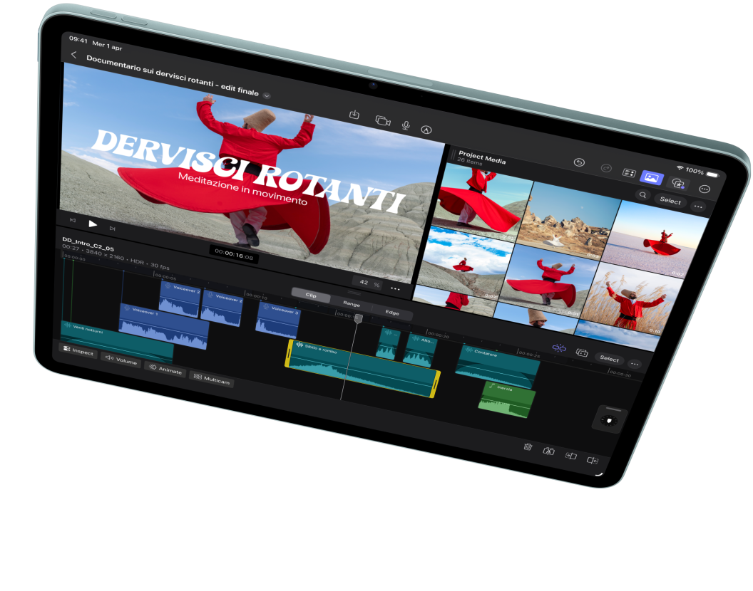 Un iPad Air in orizzontale, sullo schermo c’è un video che viene modificato in Final Cut Pro