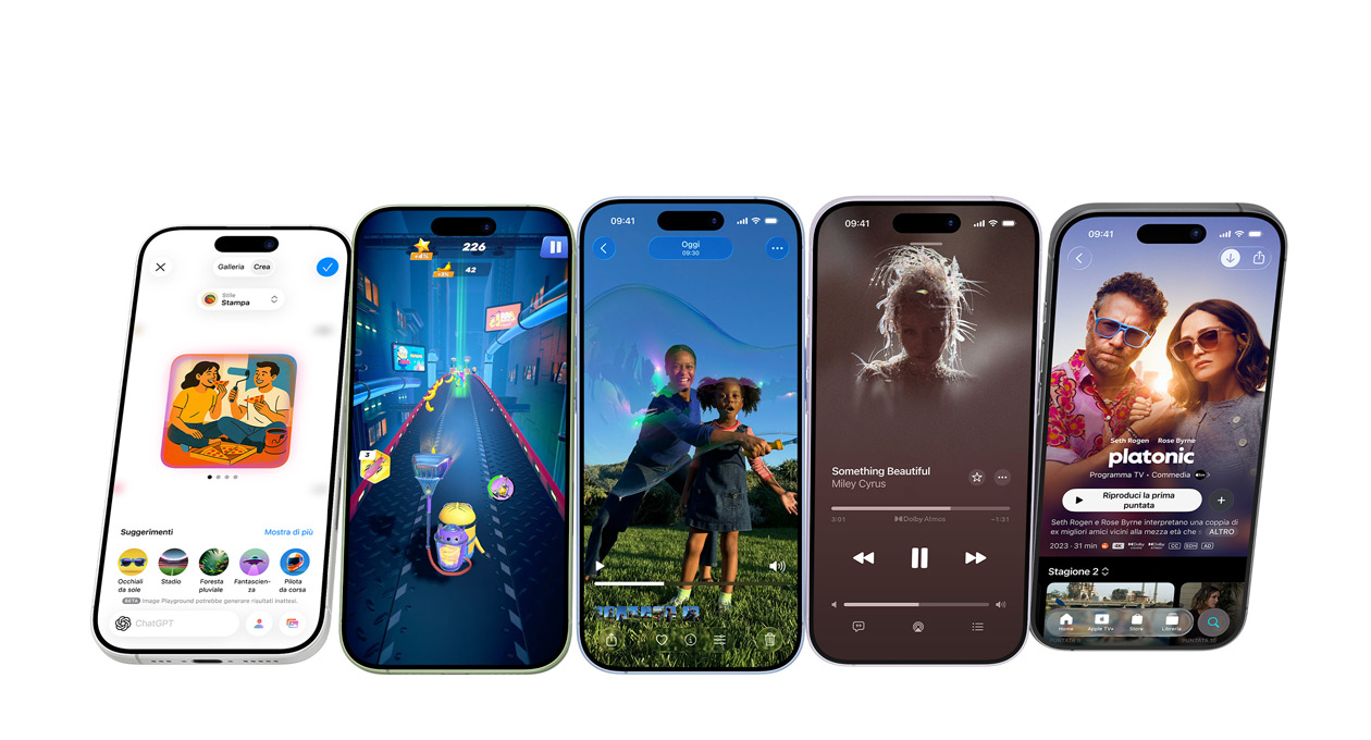 iPhone 17 in diversi colori, i display mostrano varie app