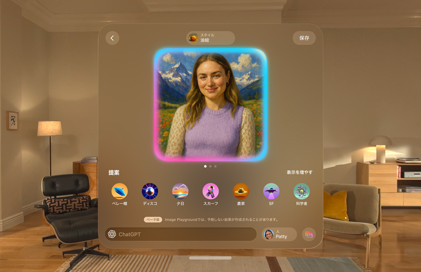 部屋の中に浮かんでいるApple Vision ProのImage Playgroundの画面。ジェン文字の顔が表示されている