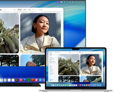 Mac에서 Apple AirPlay를 이용해 평면 TV로 사진을 공유하는 모습