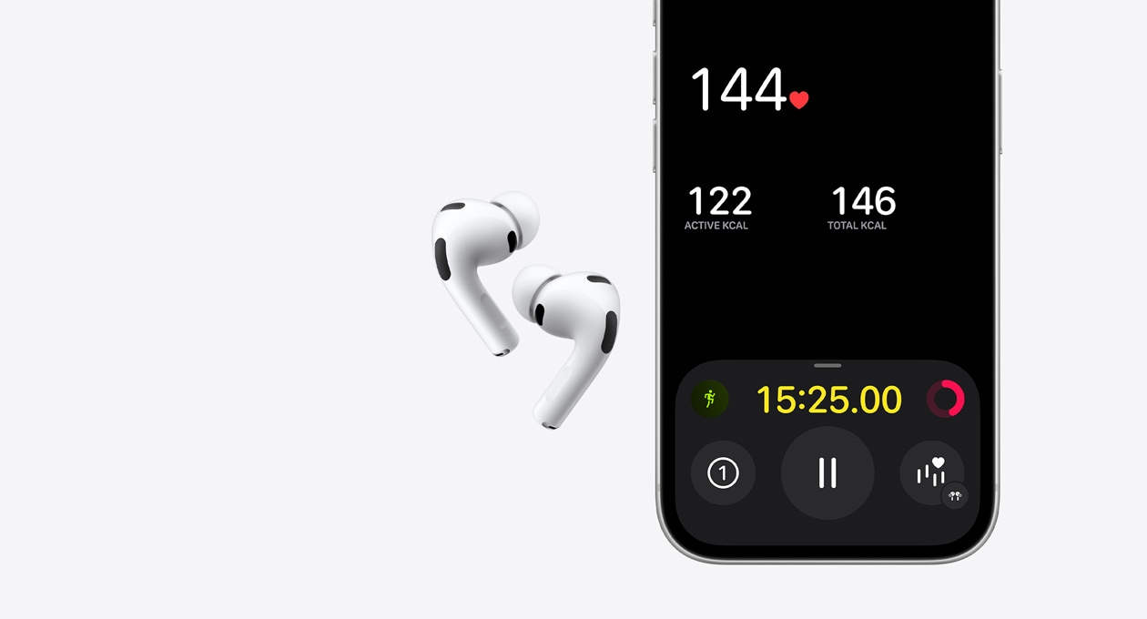 „AirPods Pro 3“, balta spalva, apatinė „iPhone 17 Pro“ ekrano dalis, programa „Fitness“, širdies ritmo stebėjimo funkcija