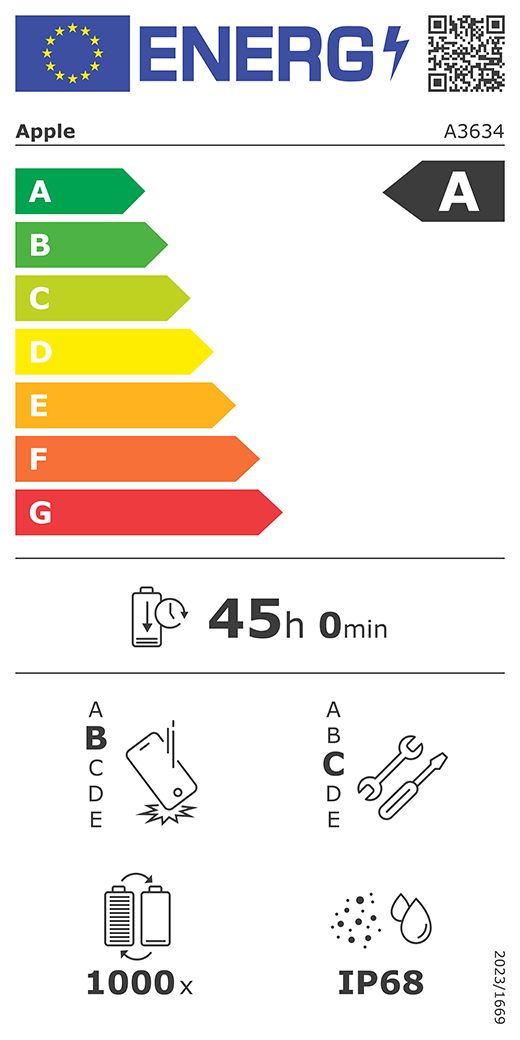 ES energijos vartojimo klasės QR kodas ir informacija, „Apple“ modelis A3634, A klasė, energijos vartojimo klasės (skalė nuo A iki G), nuo A (didžiausias efektyvumas) iki G (mažiausias efektyvumas), baterijos veikimo trukmė vienu ciklu, 45 val. ir 0 min. esant visiškai įkrautai baterijai, pakartotinio laisvo kritimo patikimumo B klasė, nuo A (didžiausias patvarumas) iki E (mažiausias patvarumas), pritaikymo remontuoti C klasė, nuo A (labiausiai pritaikytas remontuoti) iki E (mažiausiai pritaikytas remontuoti), 1 000 baterijos veikimo ciklų, apsaugos nuo dulkių ir vandens (IP) klasė IP68, reglamentas 2023/1669