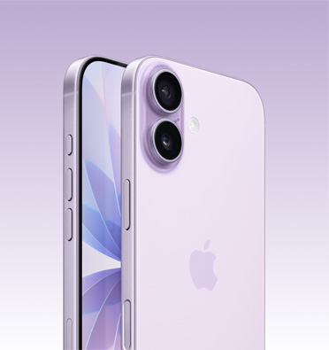 Levandų spalvos „iPhone 17“, dalinis ekrano vaizdas ir vaizdas kampu iš šono – veiksmo, garsumo ir šoninis mygtukai. Galinė dalis, rodanti pažangiąją dviejų kamerų sistemą viršutiniame kairiajame kampe.