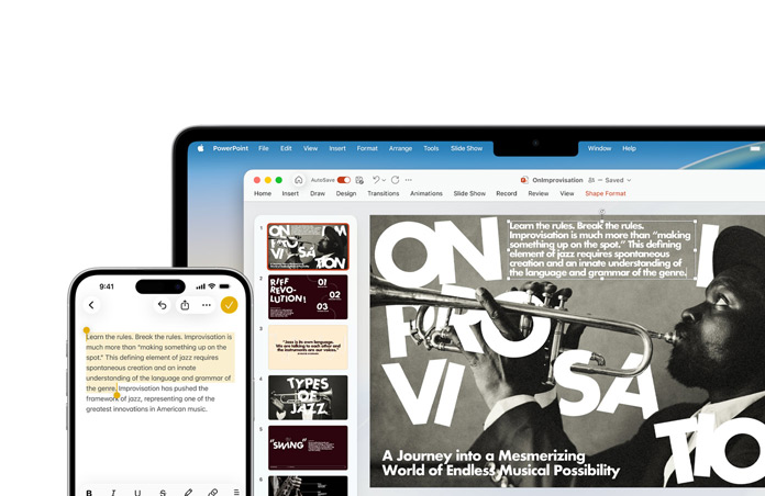 Un iPhone 16 Plus avec du texte surligné dans l’app Notes, un MacBook Air avec une diapo PowerPoint ouverte, le texte de l’app Notes est visible sur la diapo
