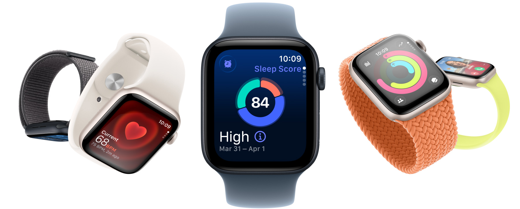 Apple Watch SE 3 alumīnija ietvari ir pieejami zvaigžņu un pusnakts krāsā, tiek demonstrētas tādas aplikācijas kā Vitals, Heart Rate, Sleep Score, aktivitāšu riņķi un ienākošais zvans