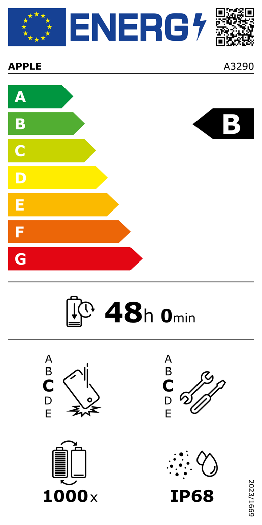 ES energomarķējuma QR kods un informācija, Apple modelis A3290, B klase, energoefektivitātes klases (sistēmā no A līdz G), no A (visefektīvākā) līdz G (visneefektīvākā), akumulatora izturība vienā ciklā, 48 stundas un 0 minūtes ar pilnībā uzlādētu akumulatoru, vairākkārtējas kritienizturības klase: C, no A (visizturīgākā) līdz E (visneizturīgākā), remontējamības klase: C, no A (visremontējamākā) līdz E (visneremontējamakā), akumulatora cikliskā izturība: 1000, korpusa aizsargātības pret putekļiem un ūdeni pakāpe (IP) IP68, Regula 2023/1669