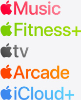 Apple Music, Apple Fitness+, Apple TV+, Apple Arcade, and iCloud+ app icons