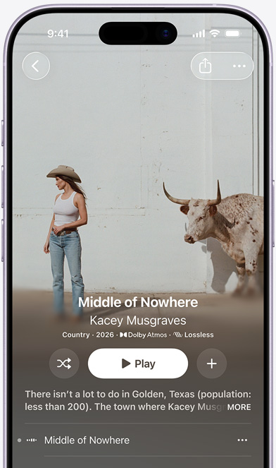 iPhone screen displaying the Kacey Musgraves album "Middle of Nowhere" on Apple Music