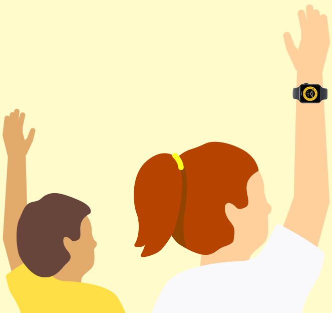 رسم توضيحي لطفل يرتدي ساعة Apple Watch SE 3 بينما يرفع يده وهو في المدرسة